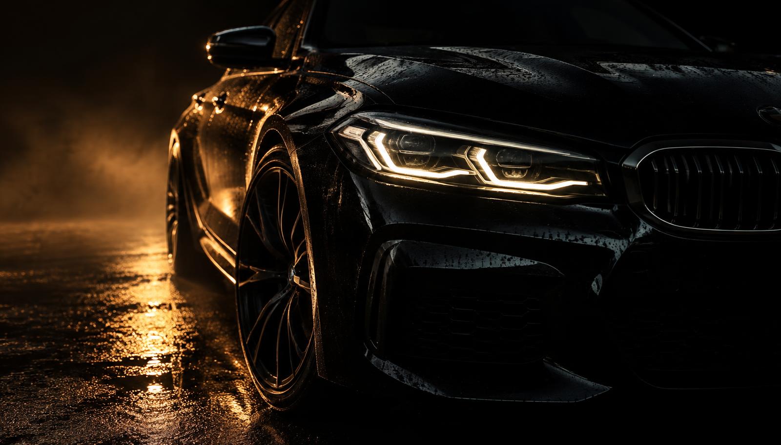 Carro de luxo preto em ambiente noturno